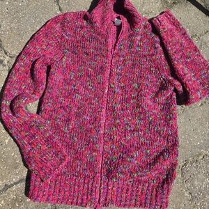 Sparkly Red Boucle-knit Cardigan Sweater M Zip Front Mock Turtlwneck Chicos